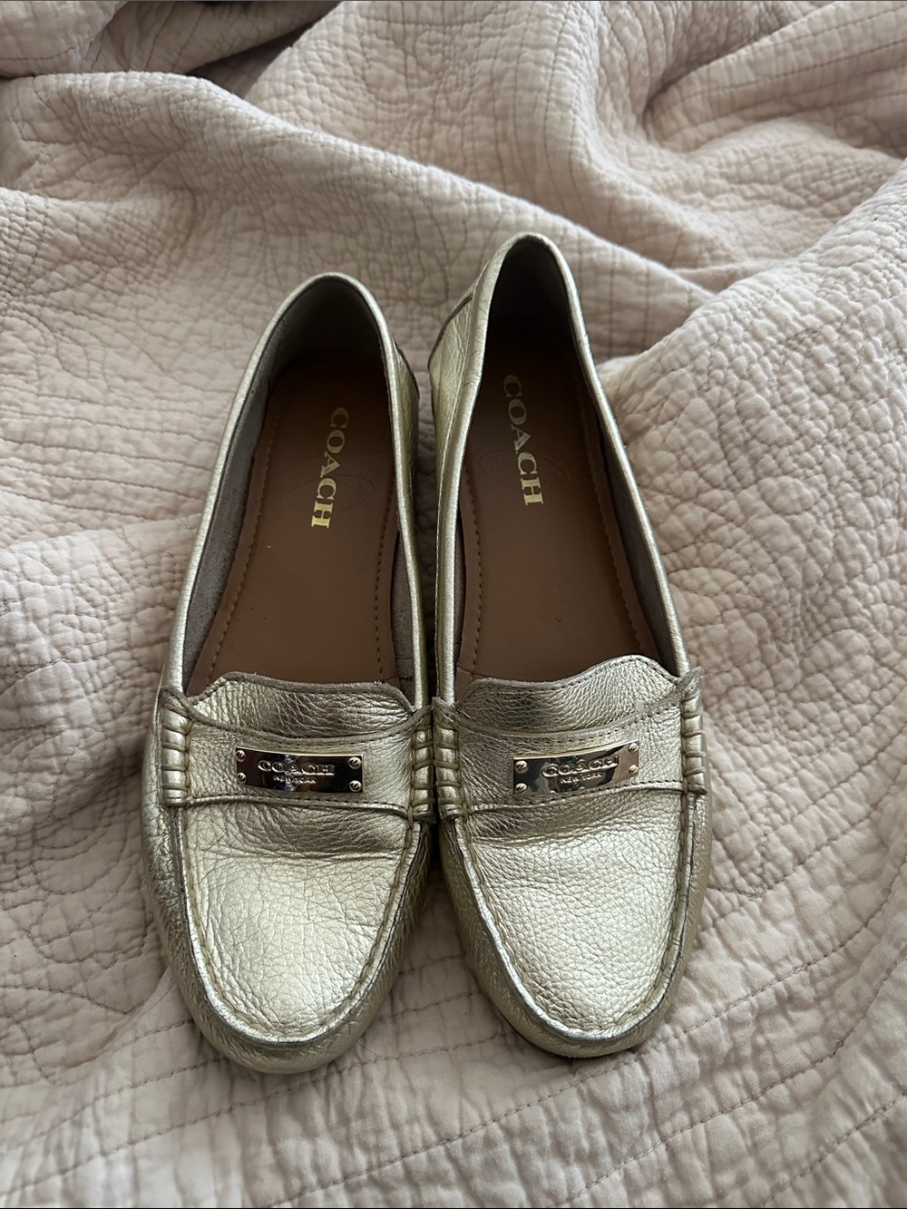 COACH Metallic Gold Leather Penny Loafers